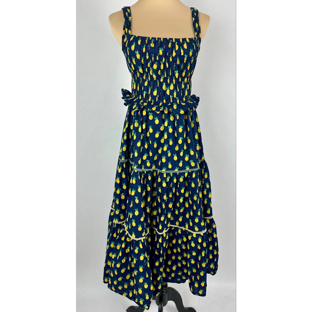 Ina (i:na) Blue Cotton Pineapple Print Midi Dress Tiered Ruffle Smocked Small